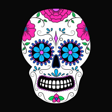 Gün çiçek süsleme ile Dead renkli kafatası. Meksika şeker kafatası. Vektör çizim
