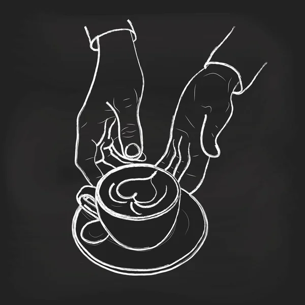 Barista sostenga la taza y hacer café con leche o capuchino arte con leche. Ilustración de tiza de arte latte — Vector de stock
