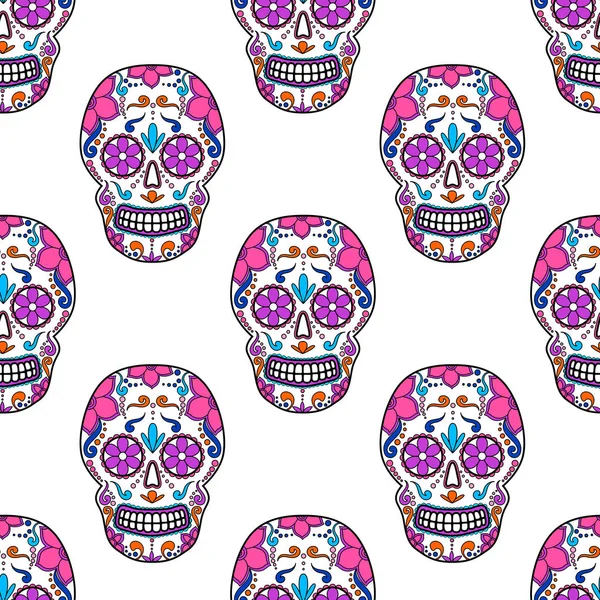 Día de los Muertos colorido cráneo con adorno floral. Patrón sin costuras. Cráneo de azúcar mexicano. Ilustración vectorial — Archivo Imágenes Vectoriales