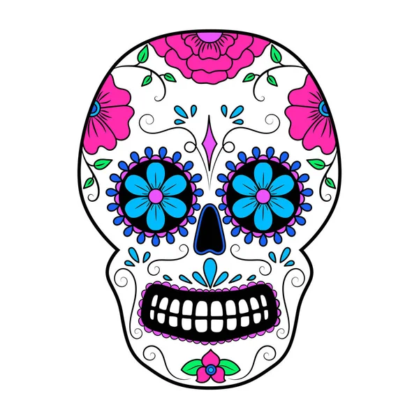 花飾りとカラフルなスカルの死者の日。メキシコの骸骨。ベクトル図 — ストックベクタ
