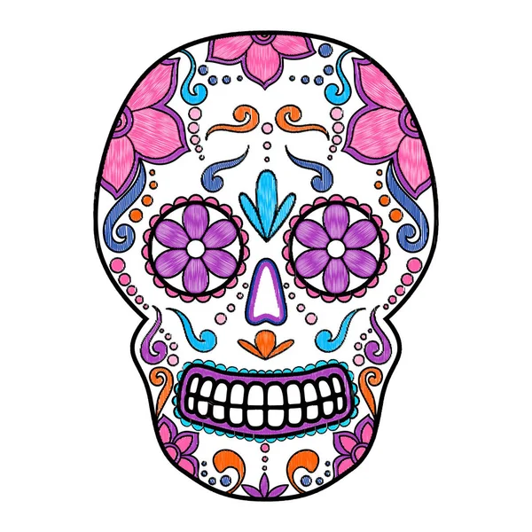 花飾りとカラフルなスカルの死者の日。メキシコの骸骨。ベクトル図 — ストックベクタ