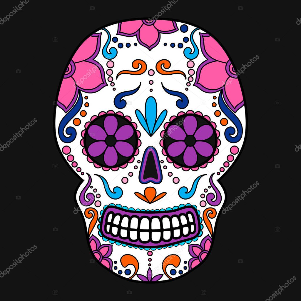 Day of The Dead colorful Skull with floral ornament. Mexican sugar skull. Vector illustration