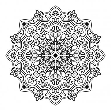 Mandala beyaz arka planda izole edildi. Klasik dekoratif elementler. İslam, Arapça, Hintçe, Fas, sedirlik motifleri. El çizimi. Vektör illüstrasyonu.