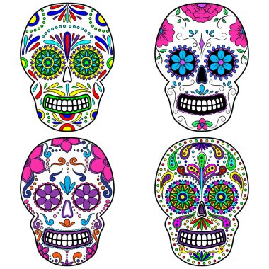 Gün çiçek süsleme ile Dead renkli kafatası. Meksika şeker kafatası küme. Vektör çizim