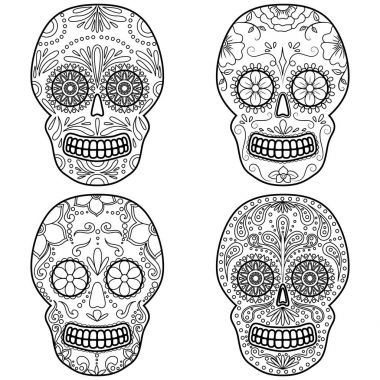 Gün çiçek süsleme ile Dead renkli kafatası. Meksika şeker kafatası küme. Vektör çizim