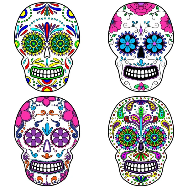 花飾りとカラフルなスカルの死者の日 メキシコ砂糖の頭蓋骨のセット ベクトル図 — ストックベクタ