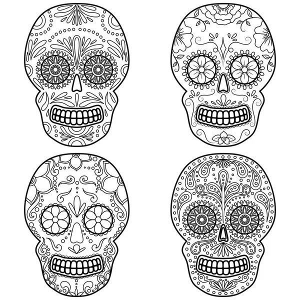 一天的死亡五颜六色的头骨与花卉装饰 墨西哥糖头骨套装矢量插图 — 图库矢量图片