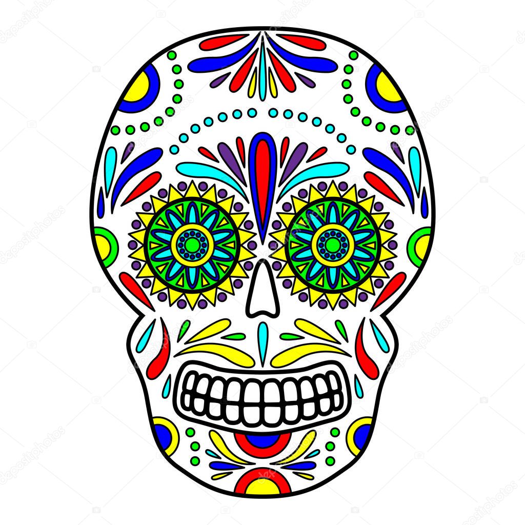 Day of The Dead colorful Skull with floral ornament. Mexican sugar skull. Vector illustration