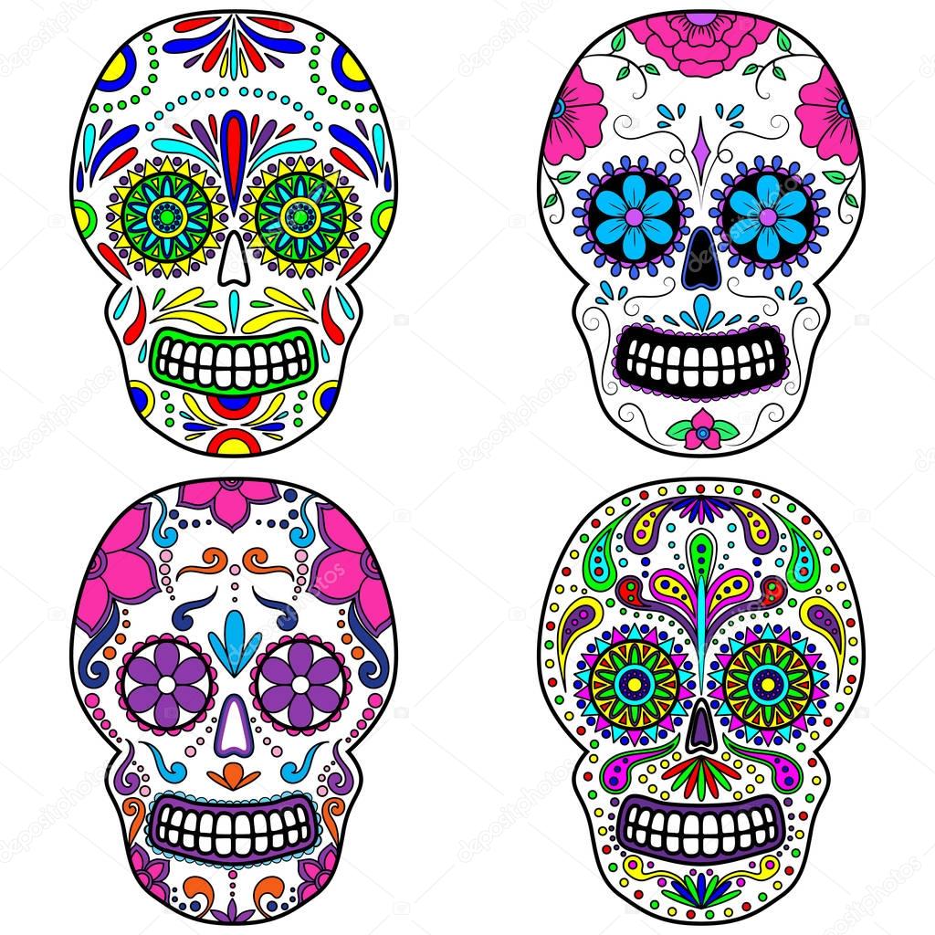 Day of The Dead colorful Skull with floral ornament. Mexican sugar skull set. Vector illustration