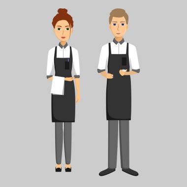 Garsonlar. Kız ve erkek. Emir alan. Vektör düz çizim