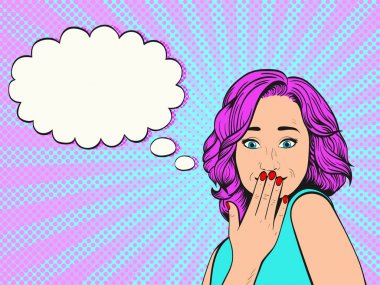 Pembe hair.Comic kadın sürpriz kadınla. Pop sanat vintage vektör çizim