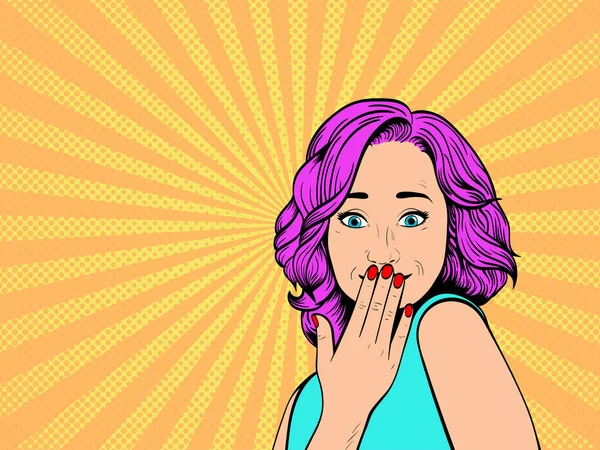 Überraschte Frau Mit Rosafarbenem Haarschopf Pop Art Vektor Illustration — Stockvektor