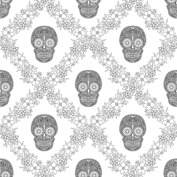 Day of The Dead Skull with floral ornament. Seamless pattern. Mexican sugar skull. Vector illustration