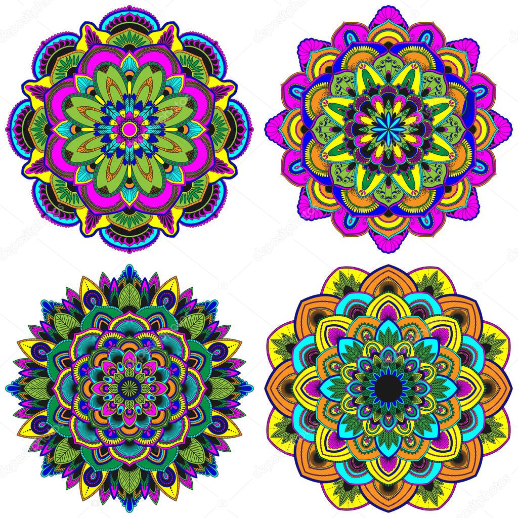 Set of mandalas. Decorative round ornaments. Weave design elements. Yoga logos, backgrounds for meditation poster. Oriental vector