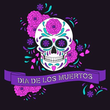 Ölü Kafatası Günü 'nde çiçek süsü ve Dia De Los Muertos yazılı kurdele. Meksika şeker kafatası. Vektör illüstrasyonu