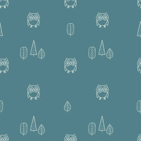 Seamless Pattern Hand Drawn Cute Owls Trees Vector Illustration — Stock Vector