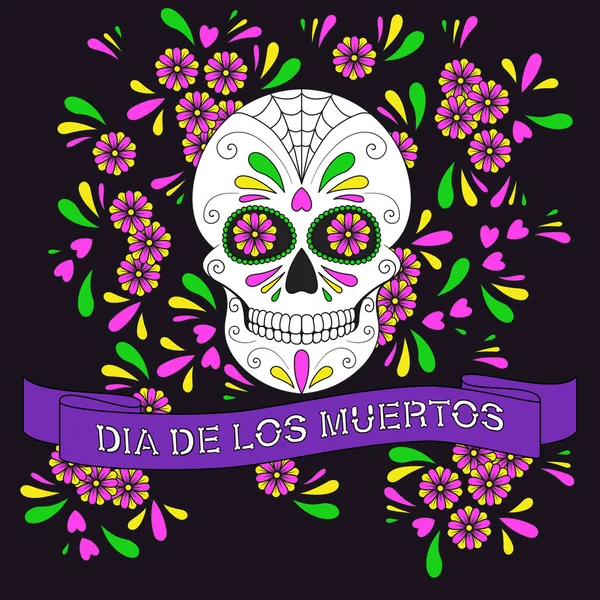 Day Dead Színes Koponya Virágdísszel Szalaggal Szöveggel Dia Los Muertos — Stock Vector