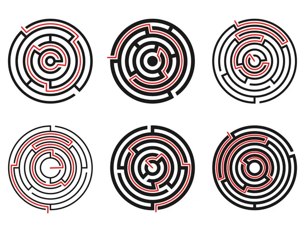 Set Med Enkla Svarta Runda Labyrinter Med Rött Sätt Isolerad — Stock vektor