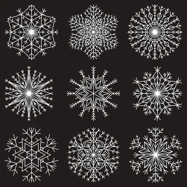 Sammlung Von Schneeflocken Isoliert Auf Einem Dunklen Hintergrund Vektorillustration — Stockvektor