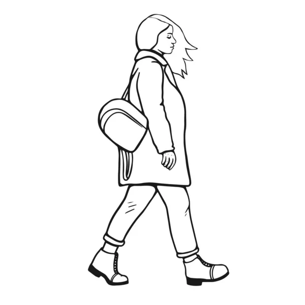 Μοντέρνο Κορίτσι Της Πόλης Περπατάει Ασπρόμαυρο Σκίτσο Εικονογράφηση Ανέμου — Διανυσματικό Αρχείο