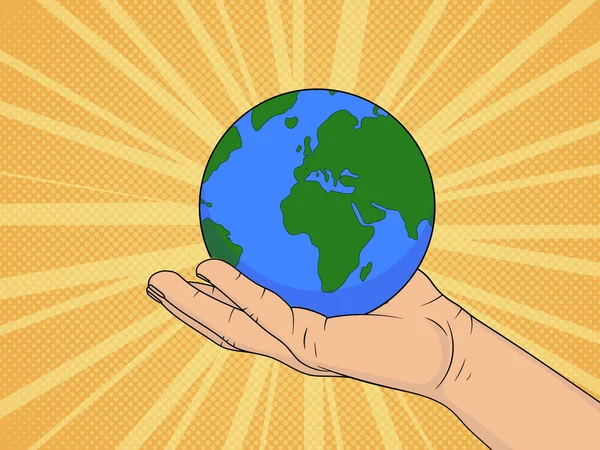 Planet Erde Den Händen Des Menschen Pop Art Vektor Illustration — Stockvektor