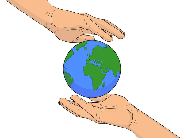 Planet Erde Den Händen Des Menschen Vektor Illustration Isoliert Auf — Stockvektor
