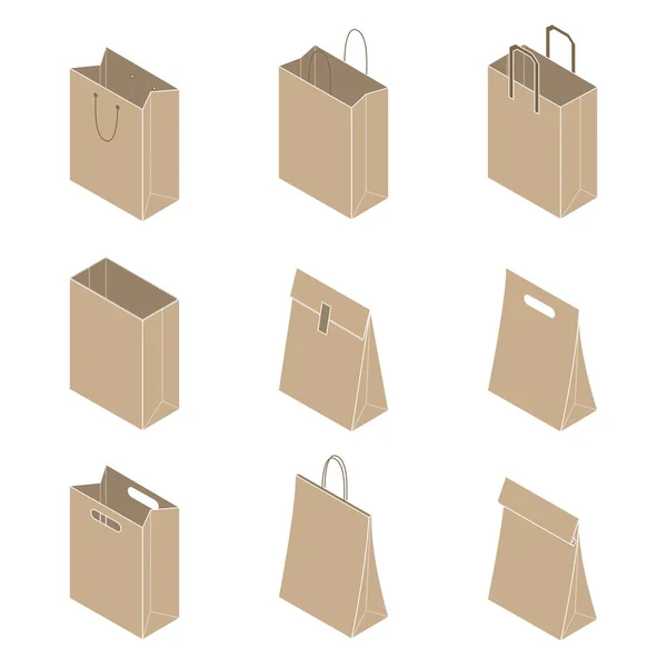 Collection Craft Paper Bags Isolated White Background Vector Illustration — Stock Vector