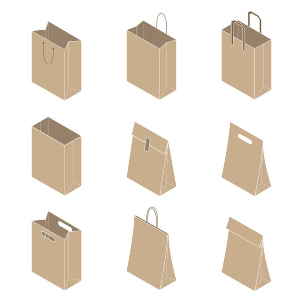 Collection of craft paper bags isolated on white background. Vector illustration