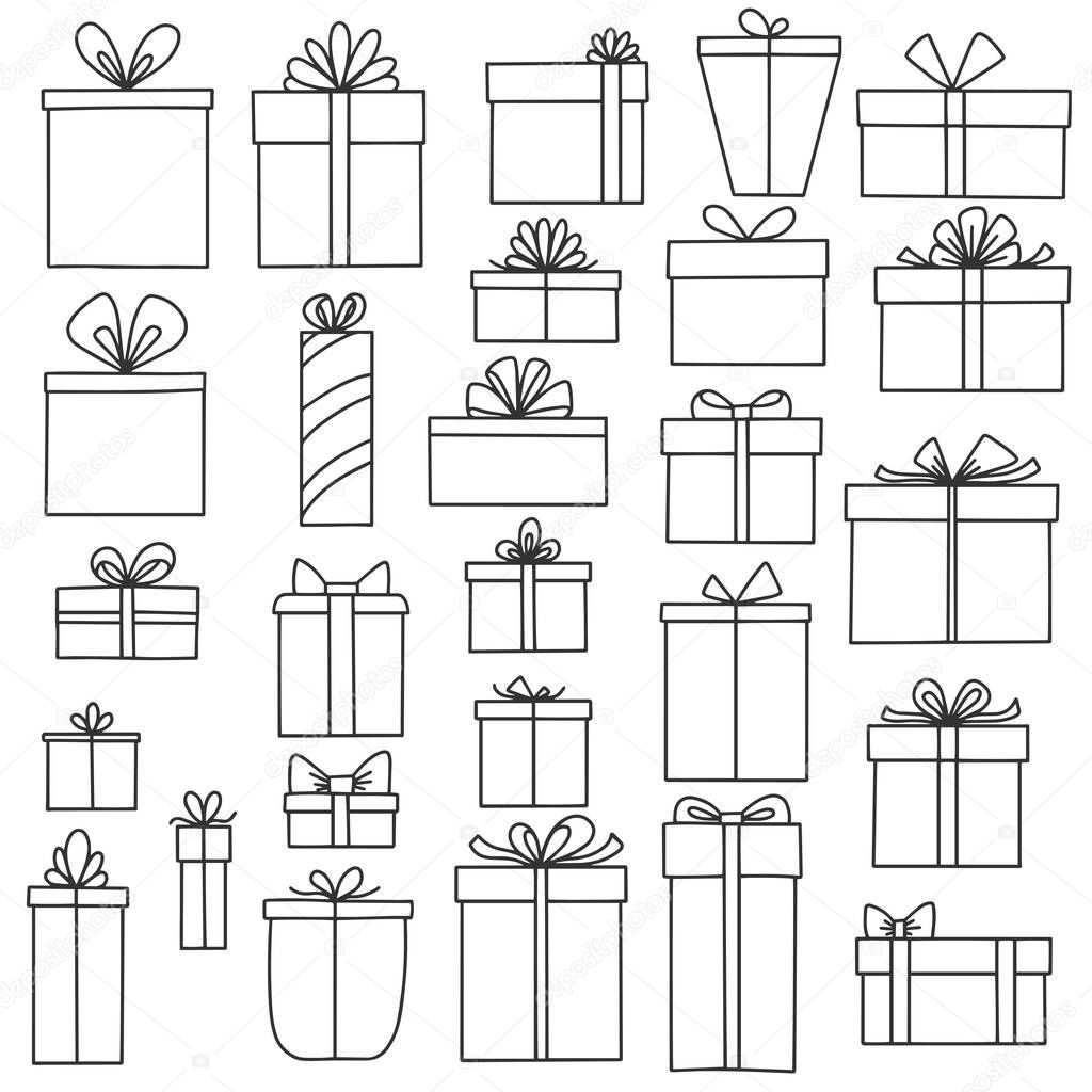 Collection of hand drawn gift boxes isolated on white background. Vector illustration