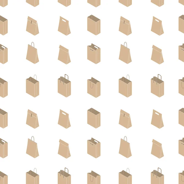 Patrón sin costura con bolsa de papel artesanal isométrica — Vector de stock