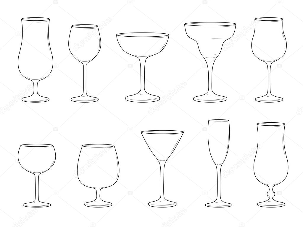 Various cocktail glasses isolated on white background