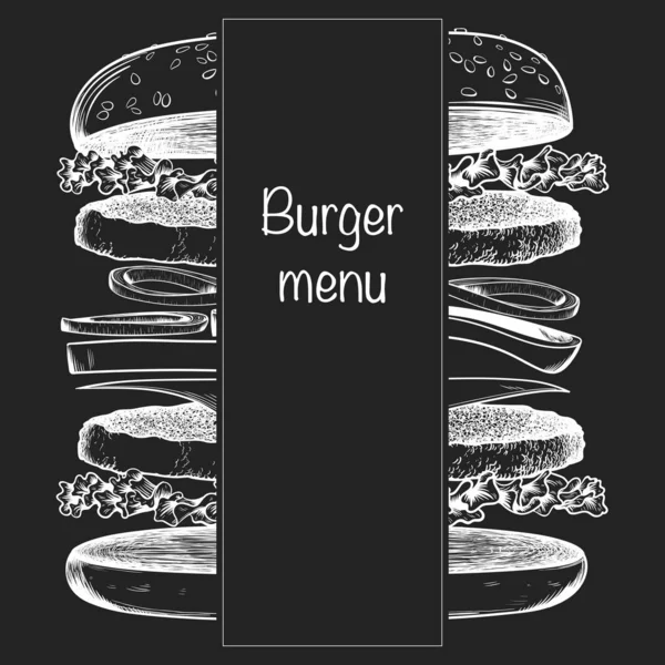 Szablon menu hamburgera. Burger skecz na ciemnym tle — Wektor stockowy