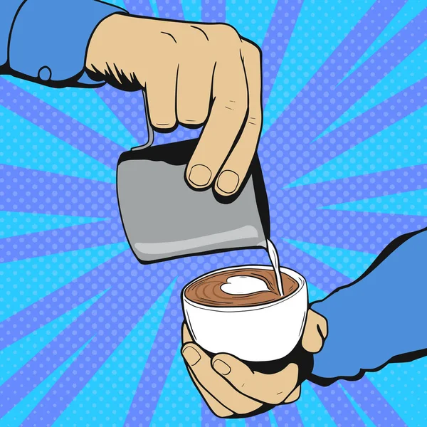 Barista tenir tasse et faire café latte ou cappuccino art — Image vectorielle
