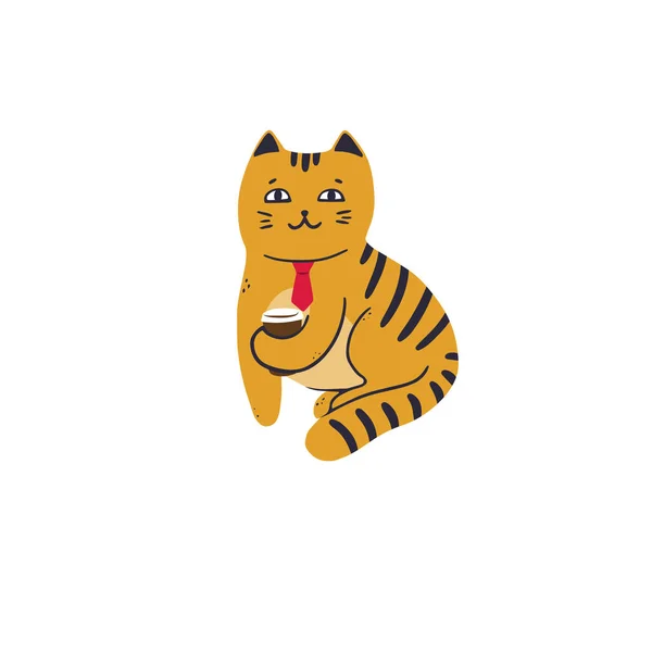 Kucing Ceria Dalam Dasi Merah Dengan Segelas Kopi Takeaway Ilustrasi - Stok Vektor