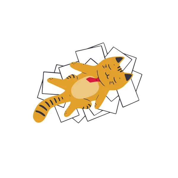 赤いネクタイの猫が紙の山の上に横たわっている — ストックベクタ