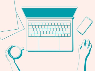 İş yeri olan bir Flatlay. Ofis masası üst görünümü