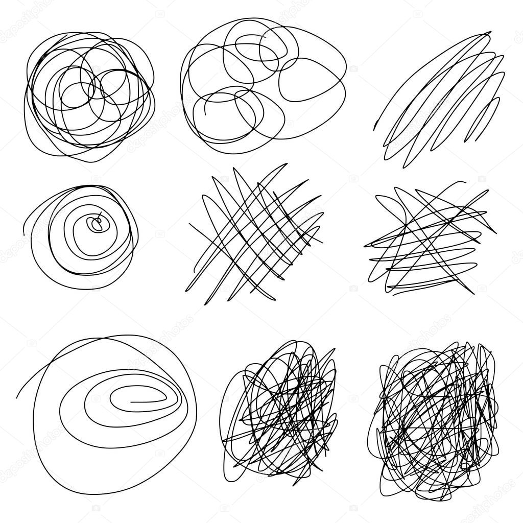 Set of hand drawn scribble line shapes. Vector illustration