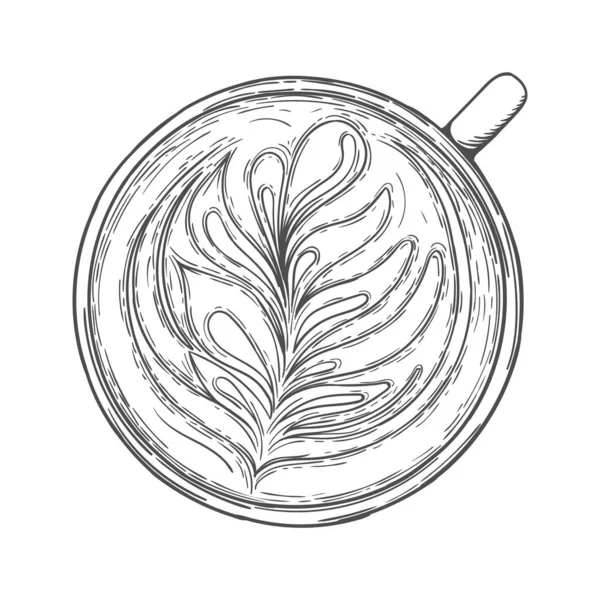 Latte art. Šálek kávy s pěnovým vzorem horní pohled — Stockový vektor