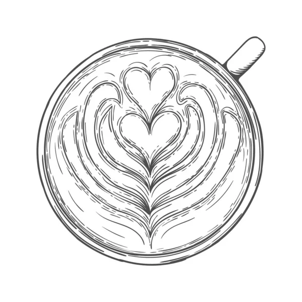 Latte konst. Kopp kaffe med skummönster ovanifrån — Stock vektor