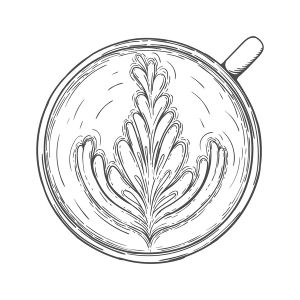 Latte art. Šálek kávy s pěnovým vzorem horní pohled — Stockový vektor