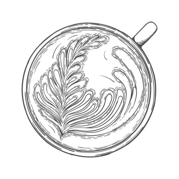 Arte latte. Copa de café con patrón de espuma vista superior — Vector de stock
