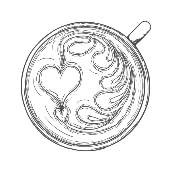 Arte latte. Copa de café con patrón de espuma vista superior — Vector de stock