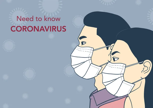 Wanita dan pria bertopeng medis. Konsep pencegahan Coronavirus . - Stok Vektor