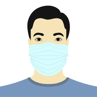 Tıbbi maskeli Asyalı adam beyaz arka planda izole edilmiş.