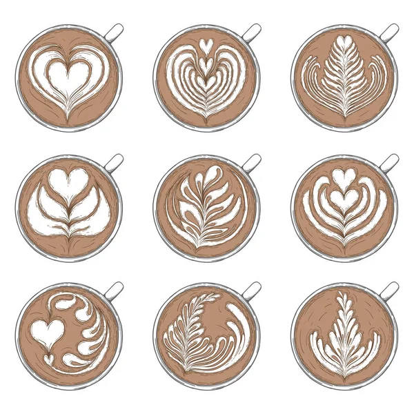 Latte art collection. Cups of coffee with foam pattern top view — Stock Vector