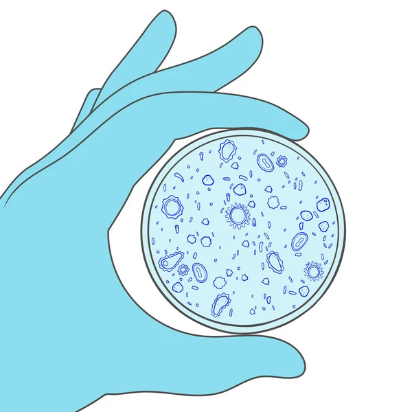 Το χέρι κρατά ένα τρυβλίο Petri με αφηρημένους μικροοργανισμούς — Διανυσματικό Αρχείο