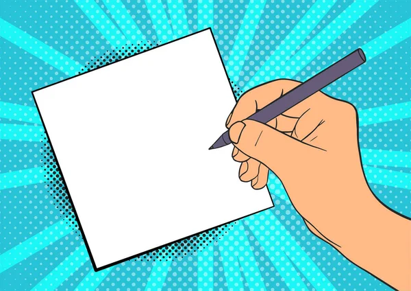 Hand schreibt eine Notiz. Pop Art Vektor Illustration — Stockvektor