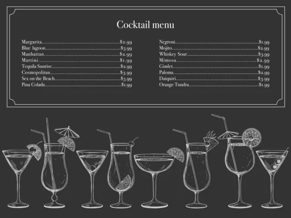 Modèle Menu Alcool Bar Café Restaurant Cocktails Populaires Dessinés Main — Image vectorielle