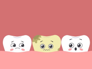 Çizgi filmlerdeki hasta dişler sağlıklı olanlar arasında. Hawaii dişleri. Vektör illüstrasyonu