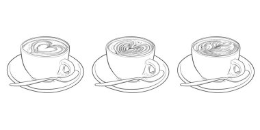 Latte sanat koleksiyonu. Beyaz arka planda izole edilmiş köpük desenli kahve fincanları. Vektör illüstrasyonu